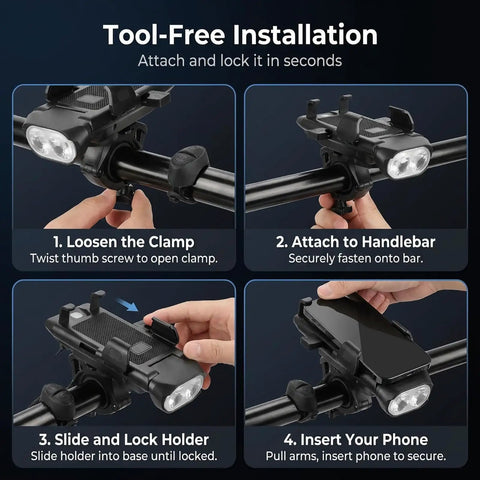 4 In 1 All In One Bike Phone Mount With LED Headlight And 130dB Horn, 3000mAh USB Backup Charger And Secure Handlebar Phone Holder For Road, Mountain And E Bikes, Night Ride Safety And Easy Install
