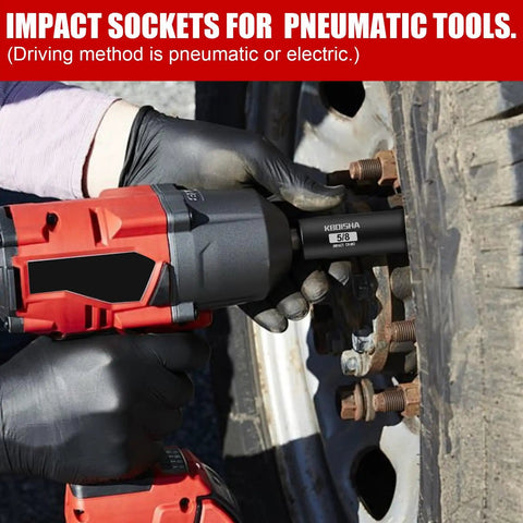 1/2 Inch Master Drive Impact Socket Set, 65-Piece 6-Point SAE and Metric Sockets in use on car wheel with power tool