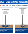 1/4-20 T Track Bolts And Knobs Kit, 45-Piece Hardware Set With Star Knobs And Thumb Knobs, Washers For Woodworking Jigs And Fixtures, Pro Grade All-In-One Kit For 1 In, 1-1/2 In, 2-1/2 In T Track Systems. chart showing standard 1/4-inch bolt head sizes for T-track fit