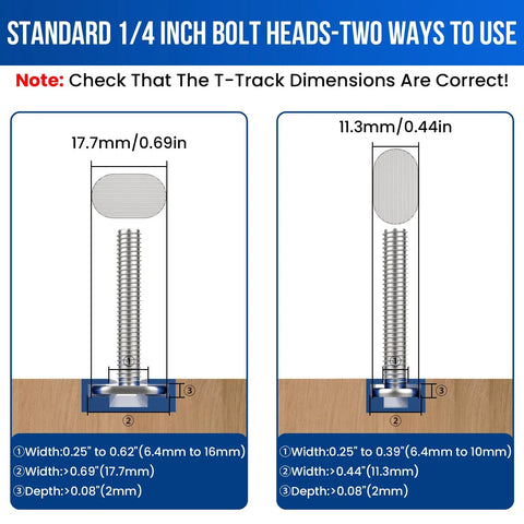 1/4-20 T Track Bolts And Knobs Kit, 45-Piece Hardware Set With Star Knobs And Thumb Knobs, Washers For Woodworking Jigs And Fixtures, Pro Grade All-In-One Kit For 1 In, 1-1/2 In, 2-1/2 In T Track Systems. chart showing standard 1/4-inch bolt head sizes for T-track fit