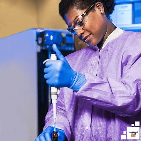 Lab technician in purple medium disposable lab jackets crafted in lightweight SMS 50 GSM 30 inch hip length with snap front knit cuffs.