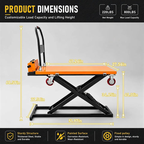 Rock Solid Electric Scissor Lift Table Cart With 660 Lb Capacity And 47 Inch Platform Height dimensions and features illustration
