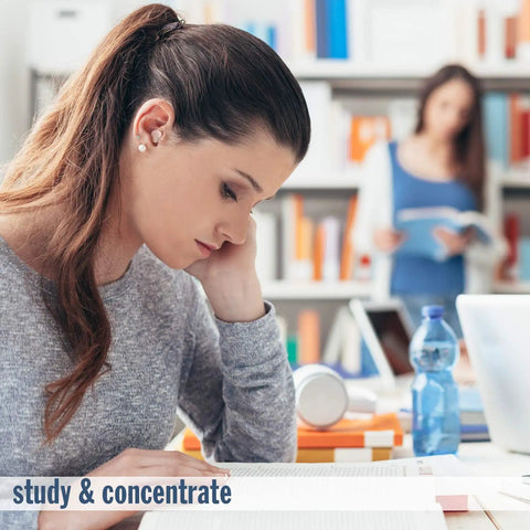 ThermaFit Soft Foam Earplugs used by woman studying at desk, bookshelf in background, promoting focus and concentration