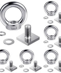 Six Piece M8 T Slot Bolt Kit With Heavy Duty Eye Bolts And T Track Mount Anchors, 304 stainless steel components, laid out view