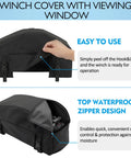 Heavy Duty 900D Waterproof Winch Cover With Top Zipper Fits 8000-13500 Lbs, showing zipper design and viewing window.