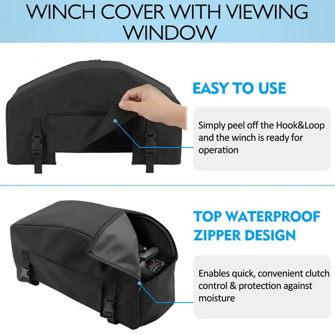 Heavy Duty 900D Waterproof Winch Cover With Top Zipper Fits 8000-13500 Lbs, showing zipper design and viewing window.
