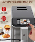 Slick Fully Automatic Espresso Machine With Built In Grinder And One Touch Milk Frother For Lattes And Cappuccinos, LCD touch control.