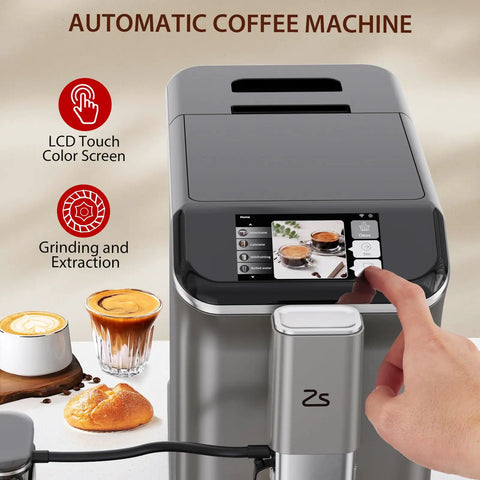 Slick Fully Automatic Espresso Machine With Built In Grinder And One Touch Milk Frother For Lattes And Cappuccinos, LCD touch control.