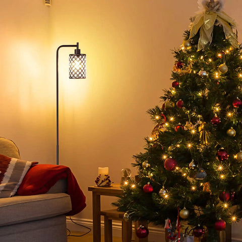 Crystal Floor Lamp With On Off Foot Switch beside a decorated Christmas tree in a cozy living room setting