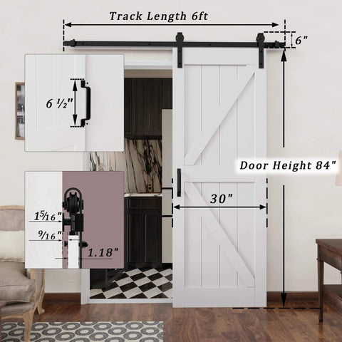 Sliding Barn Door 30 Inch By 84 Inch With 6 Foot Hardware Kit And Handle White Solid MDF Surface Installed in Living Space