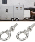 Four Pack Stainless Steel Lifting Eye Bolts And Washers M8 X 35Mm For Ifor Williams Horsebox Trailers in front of horse trailer.