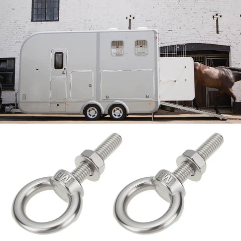 Four Pack Stainless Steel Lifting Eye Bolts And Washers M8 X 35Mm For Ifor Williams Horsebox Trailers in front of horse trailer.