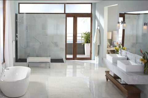 Modern bathroom with 18 Inch Stainless Steel Bathroom Grab Bar Chrome Finish For Safety And Support.