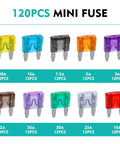 Tough As Nails Mini Blade Fuse Kit For Cars RV Truck Boat 120 Piece Assortment With Puller Tool Multiple Amps showing various amp fuses.