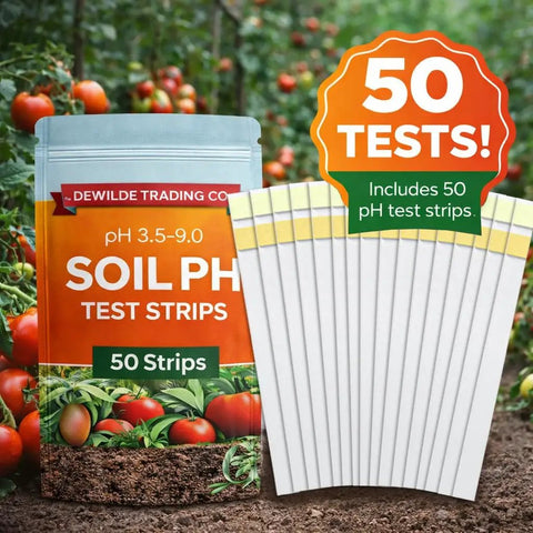 No Nonsense Soil PH Test Kit With 50 Strips 3.5 To 9 Range for Garden Lawn Veggie Beds, product package and test strips shown.