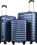 Three-piece blue hard-shell luggage set with spinner wheels and TSA lock.