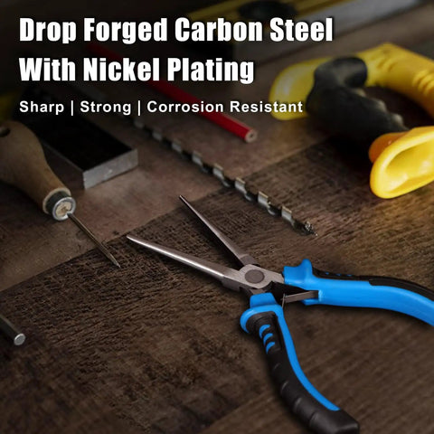 Six Piece Mini Pliers Set With Precision Tools Including Needle Nose Bent Nose Long Nose Diagonal And End Cutting Pliers on workbench