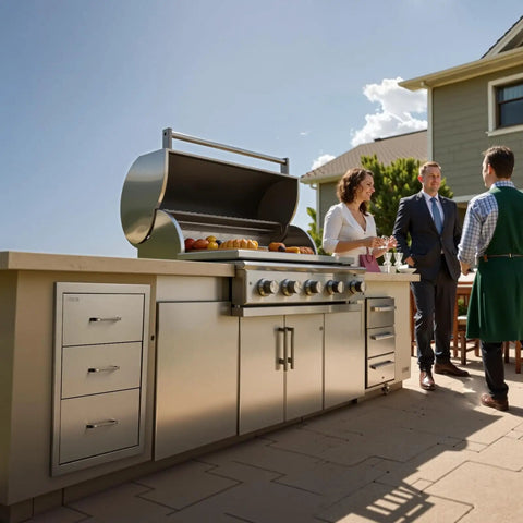 Outdoor Kitchen Drawers Stainless Steel Triple-Access Modular Cabinet For BBQ Island And Patio Grill Station beside gathering