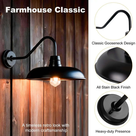 Outdoor Gooseneck Barn Light 14 Inch Wide Two Pack Farmhouse Industrial Rustic Black Waterproof Wall Mount Lamps For Garage Entryways