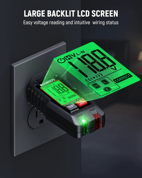 Go To Electrical Test Kit With Non Contact Voltage Tester And GFCI Outlet Tester LCD Display Pro Grade Wiring Fault Checker Outlet Tester Set For Electricians And DIYers 2 Piece showing backlit LCD screen