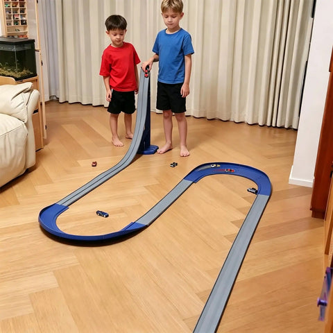 Kids playing with Flex Race Car Track Set With Double U Turn Design, Totally Dual Lane Racing Toy For kids in a living room