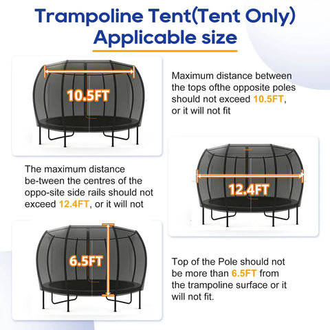 12 Ft Round Trampoline Tent Cover For 12 Ft Frames, Fits 8 Curved Poles With LED Lights, tent size illustration, 10.5FT x 12.4FT x 6.5FT
