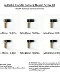 Heavy Duty L Handle Thumb Screw Kit 6 Pack M5 And M6 Camera Screws with slick aluminum knobs and tight threads.