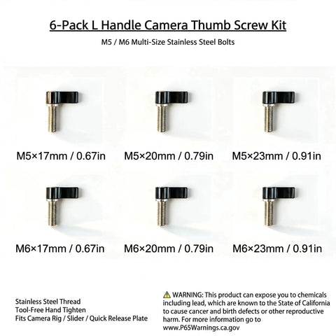 Heavy Duty L Handle Thumb Screw Kit 6 Pack M5 And M6 Camera Screws with slick aluminum knobs and tight threads.