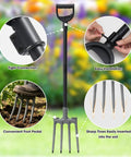 Rugged 46 Inch Garden Pitch Fork With Four Tines Heavy Duty Steel Ergonomic D Handle Anti Rust Coating features and close-up details