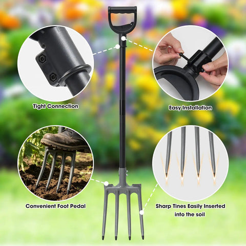 Rugged 46 Inch Garden Pitch Fork With Four Tines Heavy Duty Steel Ergonomic D Handle Anti Rust Coating features and close-up details