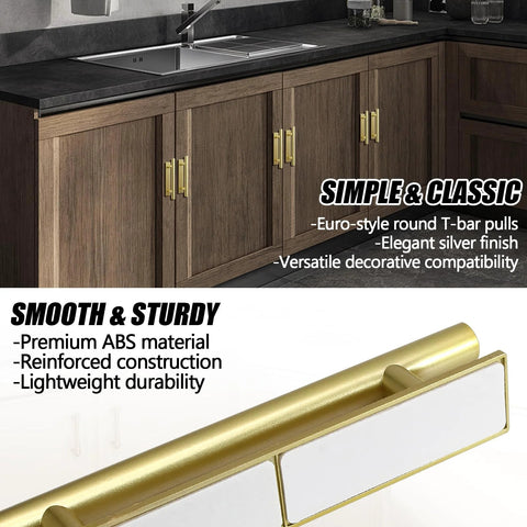 Close-up of gold self-adhering push pull handles on wood cabinet, showing ABS plastic material, part of 10 Pack Self Adhering Push Pull Handles ABS Plastic For Wardrobe Cabinets Drawers Instantly Improve Access With No Drilling Leaves No Traces On Smooth Surfaces Gold Finish Durable Easy To Install.