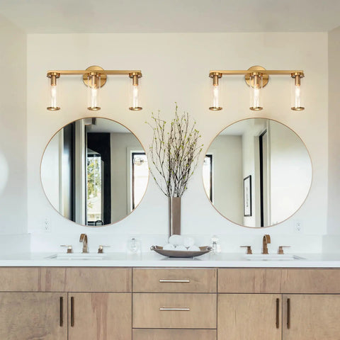 Brushed Gold 3 Light Vanity Light Fixture For Bathroom And Hallway Brass Bath Lighting With Glass Cylinders above mirrors
