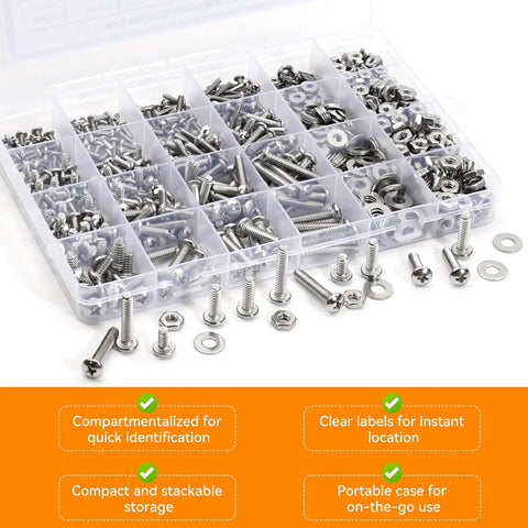 Stainless Steel Nuts And Bolts Kit With 720 Pieces Of Phillips Pan Head Screws Nuts And Flat Washers In Case For DIY Projects