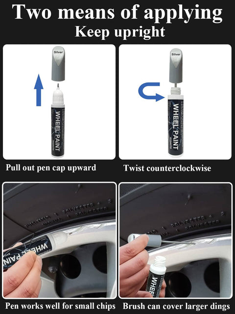 Instructions for using Silver Rim Touch Up Paint Pen For Wheels And Car Rims Scratch Repair Kit To Seal Chips Universal Color Silver Wheel Paint