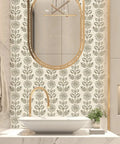 Bathroom with Floral Peel And Stick Wallpaper Tulip Print Neutral Self Adhesive Vinyl Covering For Kitchen And Bedroom Easy No Fuss Install Removable Tenant Friendly 17.7 Inch By 393.7 Inch Roll displaying floral design behind a sink.