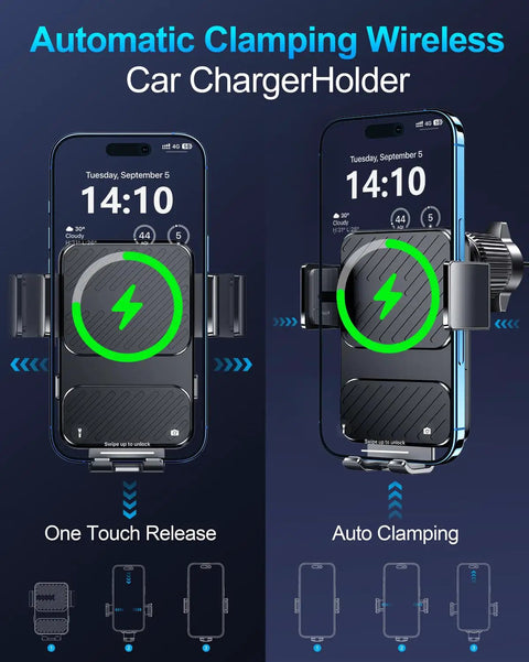 Wireless Car Charger Mount With Auto Clamping And 15W Fast Charging For IPhone displaying time, with automatic clamp feature.