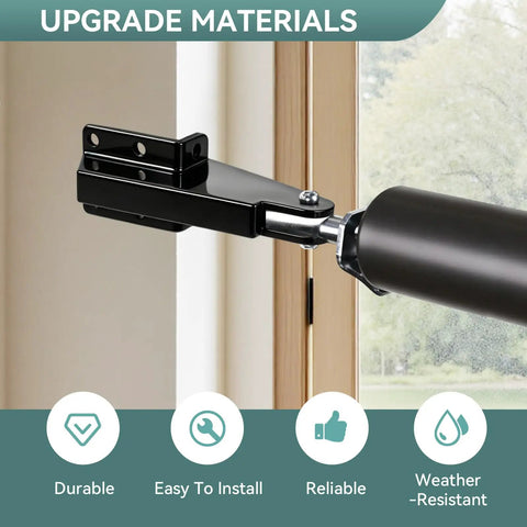 Heavy Duty Screen Door Closer Bracket Set With Mounting Screws Hella Tough Plastic Post Jamb Hardware For No Sweat Storm And Patio Door Replacements In Matte Black, close-up view of black bracket and arm.
