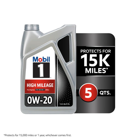 Top Shelf High Mileage Full Synthetic Motor Oil In 0W-20 Viscosity With 5 Quart Container showing sleek jug design.