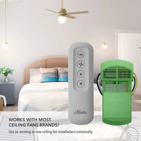 Universal Ceiling Fan Remote Control Kit With Wall Mount And Receiver For Easy Speed And Light Control No Brainer Dimming Ready Works With Most Brands Dove Grey 99770, remote and receiver in bedroom