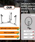 360 Degree Wheel Truing Stand for Bike Repair and Spoke Lacing, lightweight aluminum, comparison with alternative stand, workshop view.