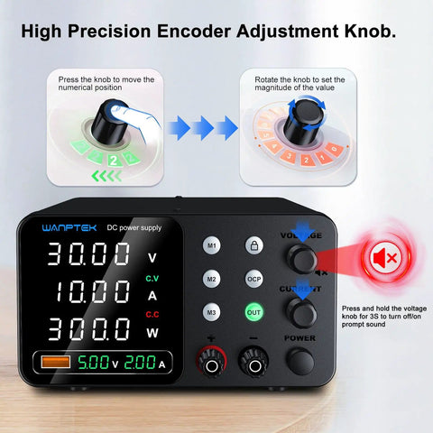 DC Bench Power Supply 0 to 30V 0 to 10A Pro Grade Regulated Lab Power Supply With Memory Presets Encoder Knob OCP Protection