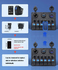 Six Gang Marine Rocker Switch Panel Waterproof With Circuit Breakers Digital Voltage Display PD QC3 USB Port And 12V DC Power Socket shown with dimensions and features