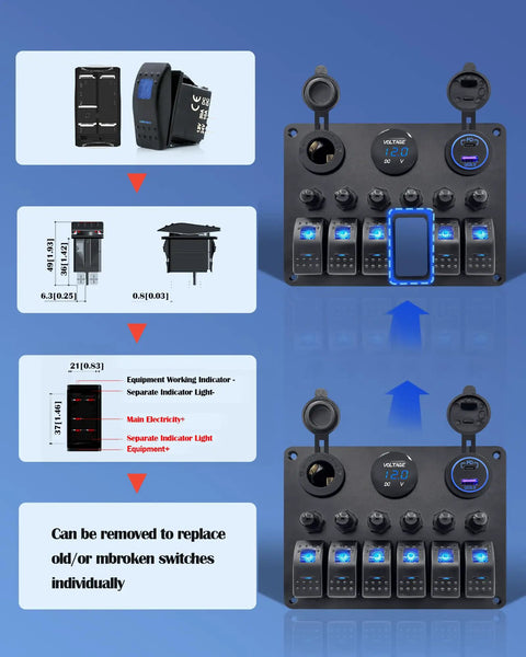 Six Gang Marine Rocker Switch Panel Waterproof With Circuit Breakers Digital Voltage Display PD QC3 USB Port And 12V DC Power Socket shown with dimensions and features