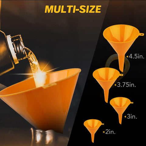Shop Grade No Drip Coolant Funnel Kit With 19 Universal Radiator Burping And Bleeder Tools, showing multi-size orange funnels.