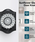 Vintage Black Crystal Glass Door Knobs With Lock For Privacy Interior Bedroom Bathroom Door Hardware Matte Black Finish Diamond Sunflower Design Heavy Duty Zinc Alloy Plates Classic Retro Look