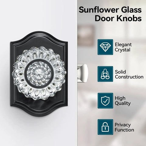 Vintage Black Crystal Glass Door Knobs With Lock For Privacy Interior Bedroom Bathroom Door Hardware Matte Black Finish Diamond Sunflower Design Heavy Duty Zinc Alloy Plates Classic Retro Look