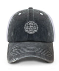 All Day Comfort Unisex Adjustable Trucker Cap With Breathable Mesh, front view with vintage text design, easy buckle back fit