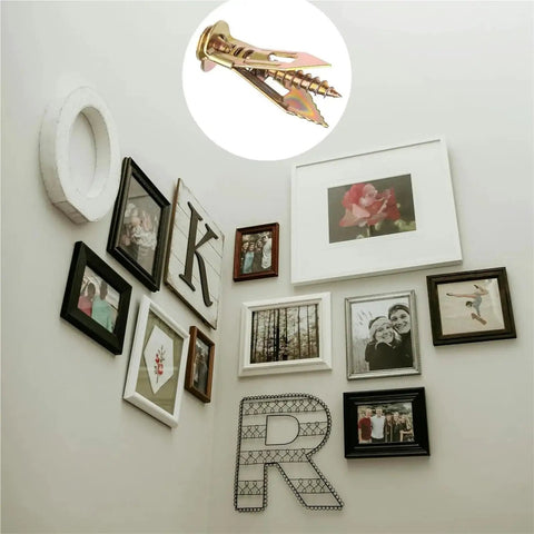 60 Piece Self Drilling Drywall Anchors Kit With Stainless Steel Expansion Screws For Easy No Drill Install, Rust Resistant, Heavy Duty Wall Fasteners For Shelves, Hooks, Mirrors, Cabinets, And TV Mounts. Wall mounted photo frames on drywall with anchor close-up.