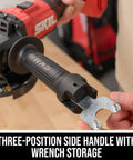 Heavy Duty 20V Cordless Angle Grinder With Digital Brushless Motor That Works Like A Champ Includes 4 5 Inch Grinding Disc 2 0Ah Battery And Swift Charger For Cutting Metal Or Tile, showing side handle with wrench storage.
