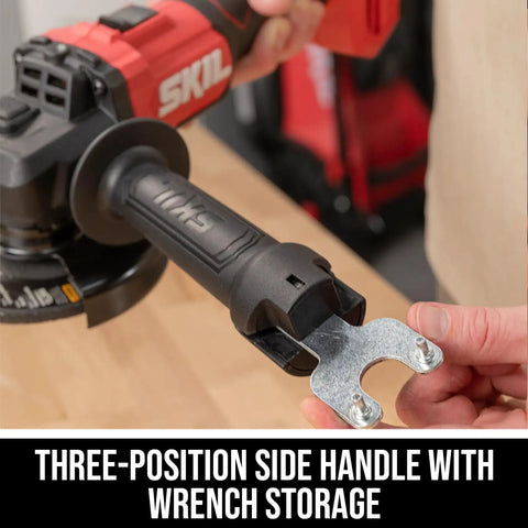 Heavy Duty 20V Cordless Angle Grinder With Digital Brushless Motor That Works Like A Champ Includes 4 5 Inch Grinding Disc 2 0Ah Battery And Swift Charger For Cutting Metal Or Tile, showing side handle with wrench storage.